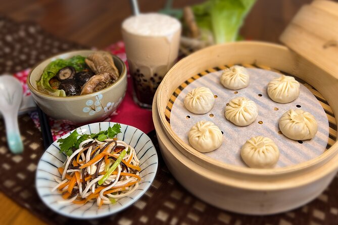 Taiwan Traditional Delicacies Experience, Xiao Long Bao, Chicken vermicelli with mushroom and sesame oil, Tofu strips salad, Bubble milk tea. - What the three-hour class covers